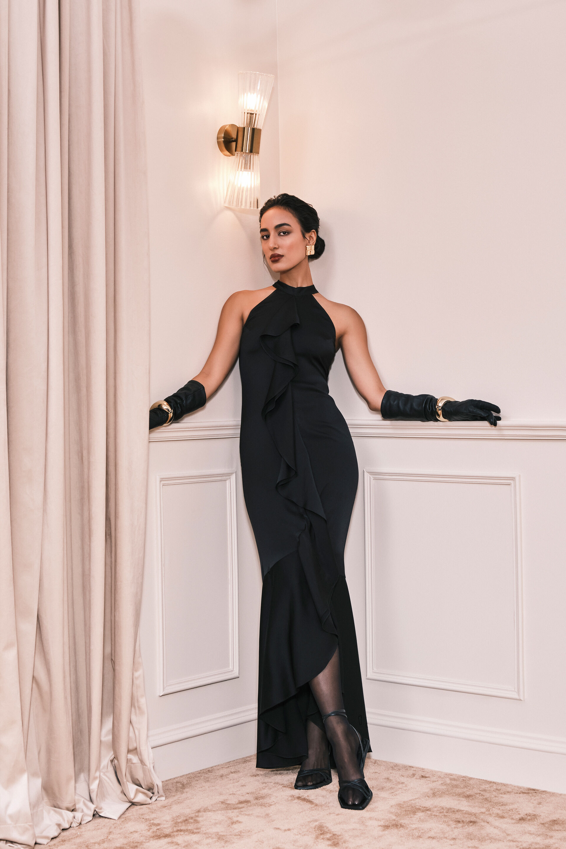 Ruffle Royale Satin Dress, Black, image 7